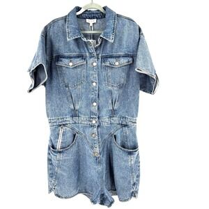 MNK Denim Short Sleeves Romper Women's 16 Medium Wash Button Front Western NEW